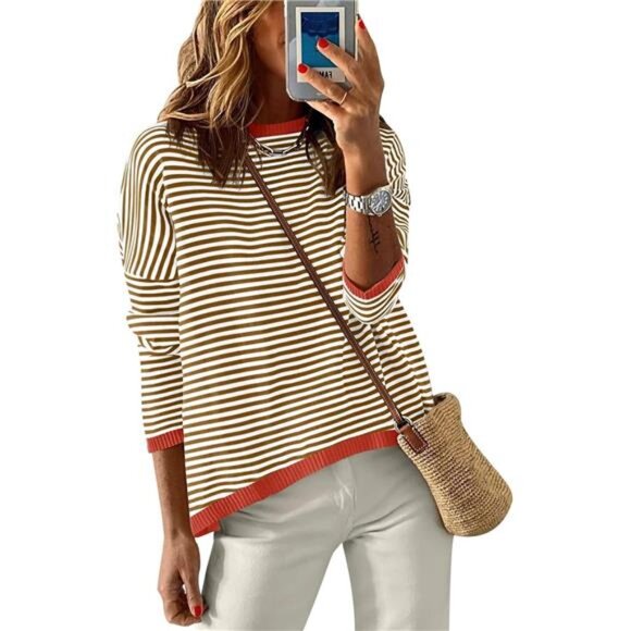 Striped Color Block Sweater – Drop Shoulder Crewneck Pullover - Picture 1 of 6
